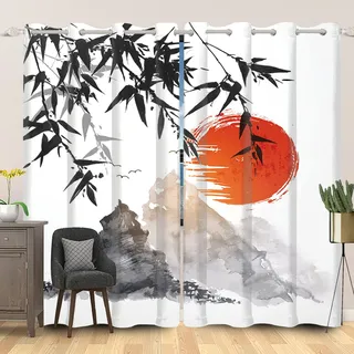 SDOTPMT 117x138cm Japanisch Klassisch Tinte Malerei Fenstervorhang Berg Fuji Rot Sonne Bambus Laub Orientalisch Traditionell Blickdichte Vorhänge für Wohnzimmer Verdunkelung Vorhänge, 2 Stücke