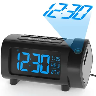 LIORQUE Projektionswecker Radiowecker Digital Wecker mit Radio Snooze Wochenendmodus Temperatur USB 2-Farb-Ziffern und 4-Stufe-Heilligkeit, Blau