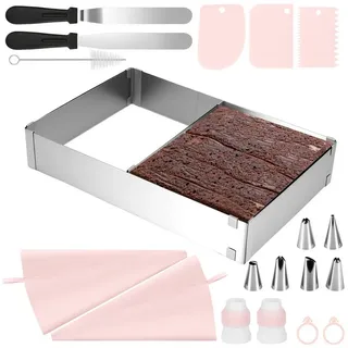 BlingBin Backrahmen Rechteckig Verstellbar, Tortenring Eckig mit Teiler, Spatel & Tüllen, Edelstahl, (19er Set, 1 tlg., 19 Stück), 5cm Hohe Backform, 28-53cm x 18-34cm Kuchenform für Backen rosa|silberfarben