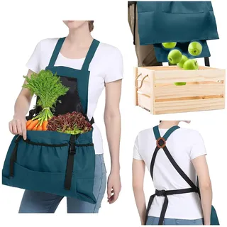 WOOXGEHM Gartenschürze, Obstpflückschürze mit Schnellverschlusstasche, Gemüseernte Apfelbeeren Gartenpflücktasche, Gartenschürze für Männer und Frauen, Gärtnergeschenk(Blau Grün)