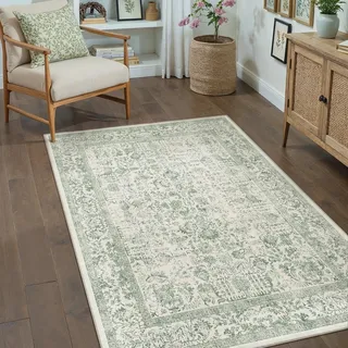 HUGEAR Grün Vintage Teppich Wohnzimmer 90x150cm Waschbar | Waschbarer Retro Teppich,Weich,Rutschfest Kurzflor,Groß,für Wohnzimmer,Schlafzimmer, Esszimmer,Büro,Carpet,Teppiche