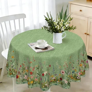 Tischdecke Rund 140 cm Wetterfest Abwaschbar - Polyester Grüne Blumen Muster - Outdoor Tischdecke für Garten Küche Esszimmer Balkon - für 4-6 Personen - Wasserdicht & Langanhaltend