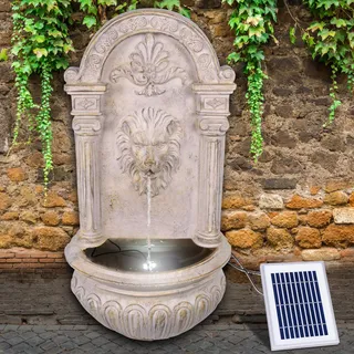 Gartenbrunnen Solarbrunnen Brunnen Vogelbad Wasserfall, Gartendeko mit Pumpe, Wasserspiel für Garten Terrasse Wandbrunnen, Balkon, Löwen-Brunnen Sehr Dekorativ, Led-Licht-Gartenleuchte