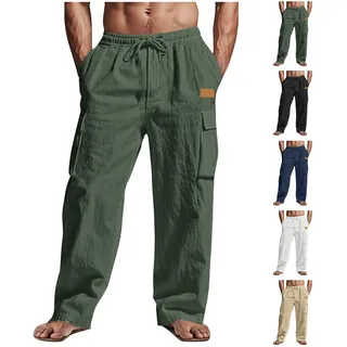 CSHE Jogginghose Herren Sommer Leinenhose Leicht Freizeithose Bequem Atmungsaktive Sporthose Einfarbige Leinen Hose mit Taschen Elastischer Weite Bein Cargohose - L