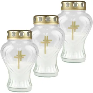 HS Candle Grablicht Glas in Herzform (Weiß), 3er Pack Grabkerzen mit ca. 45h Brenndauer