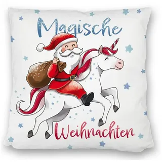 speecheese Dekokissen Weihnachtsmann auf Einhorn Kissen satiniert mit Spruch Magische