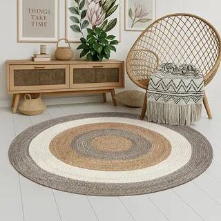 MY-RUG Jute Teppich Rund 200 cm - Sisalteppich Wohnzimmer - Naturfaser | Handgewebter Juteteppich in Beige Grau Anthrazit, flach gewebt und OEKO-TEX zertifiziert, ideal für Saugroboter & Allergiker