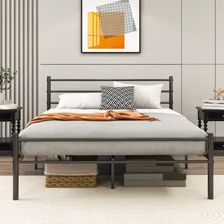 VERFARM Metallbett mit Lattenrost Doppelbettgestell Doppelbett, Bettrahmen mit Kopfteil, Gästebett Bettgestelle 120 x 200 cm, Schwarz