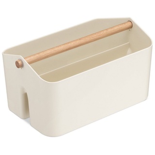 Navaris Aufbewahrungskorb, Aufbewahrungsbox mit Holzgriff - 2 Fächer Box Organizer für Bad Küche - Korb Aufbewahrung für Besteck Putzmittel tragbar klein