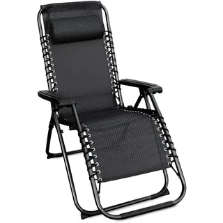 Spetebo Relaxsessel mit Kopfkissen aus Textil Gewebe 178 x 51 cm - anthrazit - Gartenstuhl mit Verstellbarer Rückenlehne und Fußteil - Sonnenliege Hochlehner Gartenliege Liegestuhl klappbar