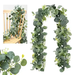 SUPRROW 2 Stück Eukalyptus Girlande,1,8m Künstliche Eukalyptus Girlande mit Weiße Blumen Silberdollar Eukalyptusranke für Hintergrund, Hochzeit Bogen,Tischdeko