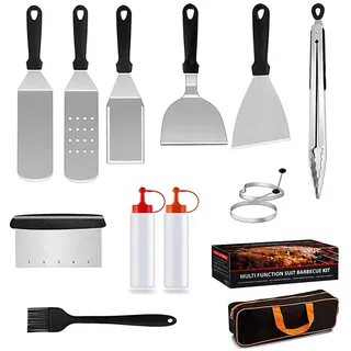 Grillspachtel Edelstahl Set, 14er Set BBQ Grillbesteck, Grillzange Grillspachtel, Grillset mit Grillkoffer, Professionelle Pfannenwender Grill spachtel Zubehör für Teppanyaki und Camping