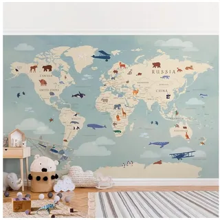 Bilderdepot24 Kindertapete Karte Tiere Welt Kinder Retro Vintage Weltkarten Tiere blau modern, Glatt, Matt, (Vliestapete inkl. Kleister oder selbstklebend), Mädchenzimmer Jungenzimmer Babyzimmer Bildtapete Fototapete Wandtapete blau 1.92 m x 1.27 m