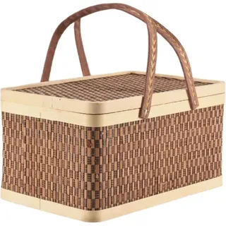 Tlily - Neuer Bambuskorb, Natürlicher, Gewebter Korb, Bambus-Picknickkorb mit Deckel, Tragbarer Aufbewahrungskorb für Snacks, Brot