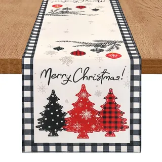 DecorMommt Tischläufer Weihnachten Modern Rot, Tischdeko Weihnachtsläufer 40x140cm, Tischdecke Silvester, Weihnachtsdeko Tisch Äufer, für Urlaub Party Deko( Weihnachtsbaum Rot Schwarz)