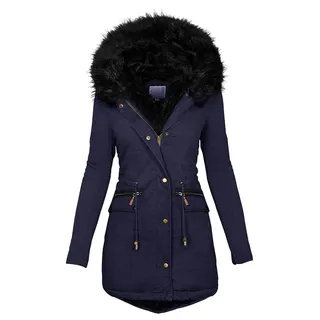 PAIDAXING Damen Winterjacke Pelzkapuze Parka Mantel Plüschfutter Wintermantel Windjacke Warm Winterparka Softshelljacke Trenchcoat Winddicht Kälteschutz - L