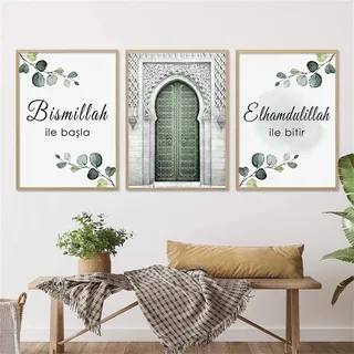 Sarah Duke 3er Poster Set Wandbilder grüne Pflanzen, Blätter, Islamischen Leinwand Malerei, Islamische Bilder Wohnzimmer Wanddeko Drucke, Kein Rahmen (50x70cm)