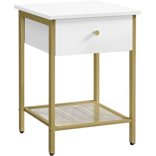 VASAGLE Nachttisch, Beistelltisch, mit Schublade und Gitterablage, für Schlafzimmer, Wohnzimmer, modern, weiß-goldfarben LET512A10