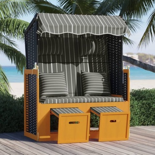 SHUJING Strandkorb mit Kissen, Strandkörbe, Roofed Beach Chairs, Strandkorb Für Draußen, Poly Rattan und Massivholz Schwarz & Grau