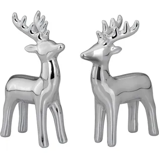 H.Bauer jun. Kleine stehende Porzellan Deko Rentier Figur Paar - silbern glänzende Hirsch Geweih Weihnachts-Deko zum Hinstellen Höhe 12 cm