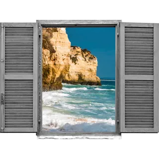 queence Wandtattoo Klippen im Meer (1 St), Wandsticker, Wandbild, selbstklebend, 3D, Fenster blau