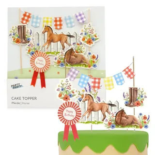 PARTY PARTY Pferde Tortendeko mit Wimpelkette, Turnierschleife, Fohlen, Blumen, Kuchendeko Pferde Cake Topper Set, Deko Pferde Geburtstag, Mädchen