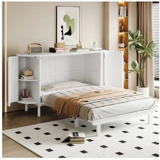 Odikalo Schrankbett Jugendbett Doppelbett 140×200 mit Regal & Faltfunktion (Wandbett mit Lattenrost Wandklappbett Vertikales schrankbett mit Lattenrost mit Staufächern Rattan-Design Holzbetten Jugendbetten Einzelbetten)