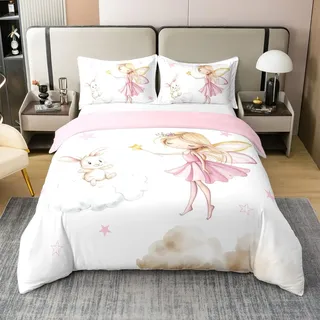 Loussiesd Fee Kleiner Hase Baumwolle Bettwäsche 155x220cm Träumerische Prinzessin Betten Weiche Wolke Atmungsaktiv Bettbezug mit 1 Kissenbezug Magische Fee Wand Bettwäsche-Set