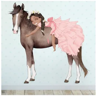 Sunnywall Wandtattoo Prinzessin Mädchen auf Pferd, Wandaufkleber Kinderzimmer, Pferde, selbstklebend, rückstandslos entfernbar braun|schwarz