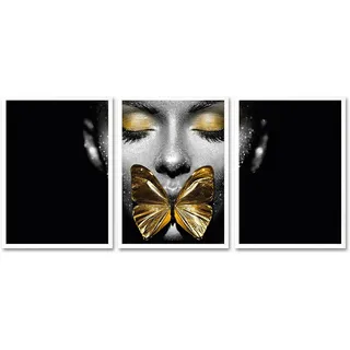 Bild mit Rahmen LEONIQUE "Gesicht Schmetterling Gold - Gerahmter Digitaldruck Wandbild" Bilder Gr. B/H: 30 cm x 40 cm, Wandbild-Set Hochformat, goldfarben (gold) Bilder mit Rahmen