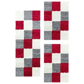 Teppium Teppich Kariert Design, Rechteckig, Höhe: 30 mm, Schlafzimmer Teppich Bettumrandung Läufer Set 3 teilig Rot rot 80 cm x 470 cm x 30 mm