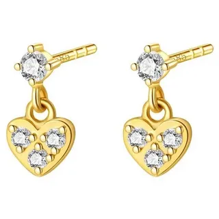 Dear Me Paar Ohrstecker Forever Love für Damen, Echt Gold 585, Kleine 14K Massivgold Ohrringe Zirkonia & Herz Schloss, Liebesymbol goldfarben
