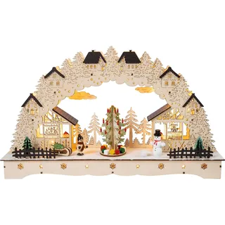 HGD LED Lichterbogen mit drehendem Weihnachtsbaum - Maße: 43 × 26 × 8 cm - Holz Schwibbogen mit LED-Beleuchtung - Batteriebetrieb oder Netzteil - Weihnachtsdeko - Fensterdekoration - Advent