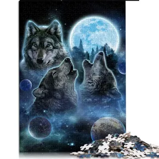1000 Teile Puzzle für Erwachsene DREI Wölfe und Vollmond Puzzles für Erwachsene Kartonpuzzle Spielzeug Intellektuelles Spiel (Größe 26x38cm)