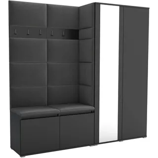 Brent - Flurgarderobe Luton 4, Garderobe Set: Schuhbank mit Sitzfläche, Garderobenpaneel, Garderobe mit Spiegel, Flur Möbel, Schwarz + Polsterpaneele in Grau