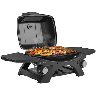 LEHMANN Gasgrill, Tragbarer Tischgasgrill mit 2 Brenner, Thermometer, Seitentischen klappbar, 1638 cm2 Grillfläche - Schwarz