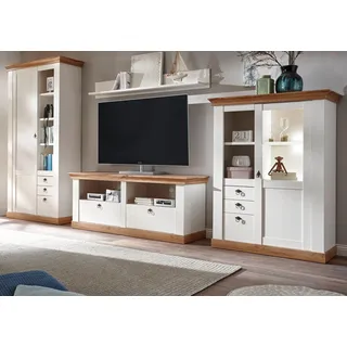 furn.design WOHNWAND weiß Pinie, Eiche Landhaus 376 cm 4-teilig, Schrankwand im Landhaus-Stil