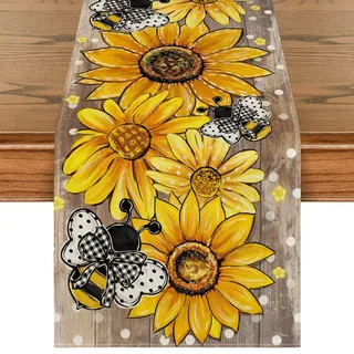 Artoid Mode Planken Sonnenblumen Bienen Frühling Tischläufer, Saisonnal Sommer Küche Tisch Dekoration Drinnen Urlaub Party Dekor 40x140 cm