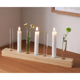 Dekoboard Minimal aus Holz mit 4 Glasvasen & 3 Kerzenhaltern, Reagenzglas Vase, Kerzenständer, Lichterboard mit Blumenvase, Tischdeko