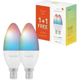 Hombli 2er Pack Smarte LED Glühbirne mit 16 Millionen Farben | E14 Dimmbares Warmweißes Licht | 4.5W, 380 Lumen | Einfache Installation | Sprachsteuerung | Kompatibel mit Google, Alexa & Siri