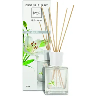 Ipuro Essentials Raumduft white lily für ein blumig-zartes Raumklima - Lufterfrischer mit hochwertigen Inhaltsstoffen (200ml) - aus Glas mit Rattanstäbchen