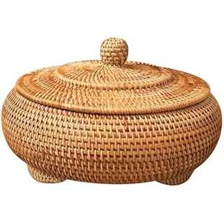 Runde Rattan-Box mit Deckel, 22, 1 x 10, 2 cm großer Rattan-Korb, handgewebter runder gewebter Korb, dekorative Desktop-Box für Zuhause, Bauernhaus, Küche