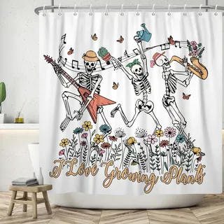 ASDCXZ Lustig Duschvorhang 180x200 cm, Witzig Skelett Singen Tanzen Blumen Blätter Halloween Weiß Bad Waschbar Duschvorhänge Polyester Textil Wasserdicht Badevorhang für Badewanne mit 12 Haken