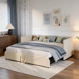 DAHUEN - Schlafsofa für 2 Personen, Schlafsofa 90/180 x 200 cm mit Lattenrost, ausziehbares Bett, Samt, Beige (ohne Matratze) (Beige)