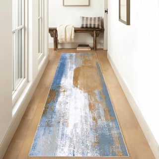 Teppich Läufer Lang Flur Küche rutschfest Teppichmatten Küchenläufer Modern waschbar Flurteppich 50x160cm Blau Weißer Abstrakt Teppichläufer Küchenteppich Meterware Esszimmer Schlafzimmer Matten