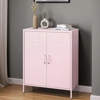 skølm Atria Metall Kommode – Sideboard in Rosa – Metallschrank mit 3 Fächern & Doppeltüren – Mehrzweckschrank mit flexiblen Einlegeböden – Industrial Highboard – Aufbewahrungsschrank/Flurschrank