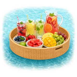 Relaxdays Schwimmendes Tablett, 2 in 1 Pooltablett für Getränke & Snacks, HD: ca. 20x60 cm, Rattan, unsinkbar, Natur