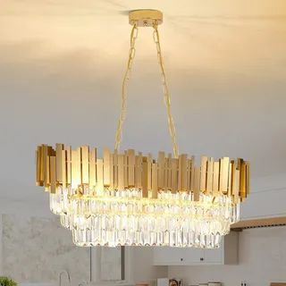 MSSIAN Goldener Kristall-Kronleuchter Pendelleuchte Oval, 8-Licht E14 Moderne Goldene Deckenlampe L80cm, Dimmbar Höhenverstellbare Kette 90cm, für Wohnzimmer Esszimmer Schlafzimmer Kücheninsel