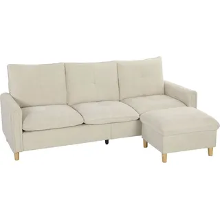 HOMCOM 3‐Sitzer Sofa mit Aufbewahrungs-Pouf, modulares Ecksofa 210 cm modern, breite gepolsterte Sitzfläche, Taschenfederkissen, Leinenoptikstoff, Füße aus Hevea‐Holz, für Wohnzimmer Schlafzimmer, creme   Aosom