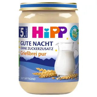 HiPP Bio Milchbrei Gute Nacht Grießbrei pur (6 x 190g), Babybrei ab 6. Monat, Abendbrei ohne Zuckerzusatz, gut sättigend